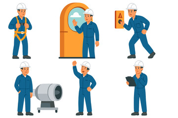 Aerospace engineer with safety harness and flight simulator performing emotional actions during testing and review process