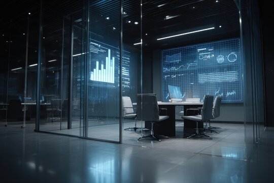 Modern, glass-walled office with digital displays.  Data visualizations glow on walls and screens.  Empty conference room