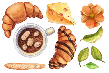 Romantic summer collection of elements with flowers, croissant, coffee, letter. Hand drawn watercolor illustration, colorful Parisian set on white background