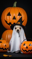 Photo of Dog in Ghost Costume with Pumpkins on Halloween Holiday