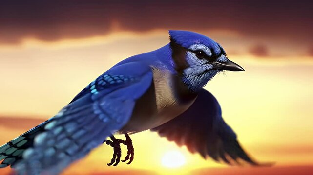 Blue jay soaring at sunset