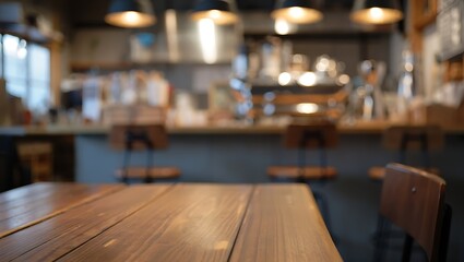 Empty wooden table in a blurred coffee shop background