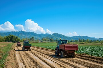 Obraz premium Agricultural trucks are plowing the soil to plant vegetables under a bright blue sky.