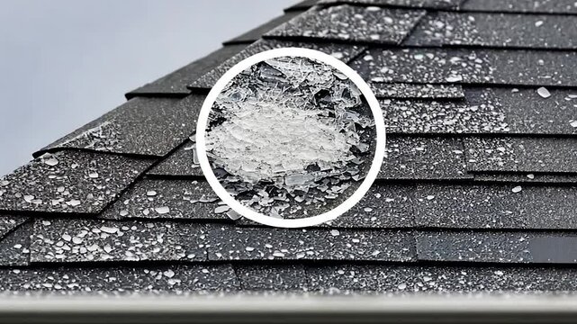Damaged roof shingles with white residue
