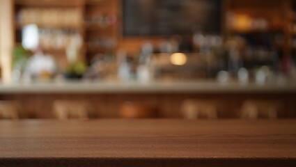 Wooden tabletop with blurred coffee shop background