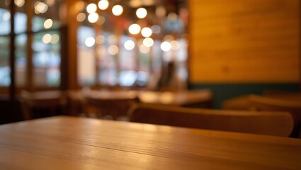 Empty wooden table in blurred restaurant setting