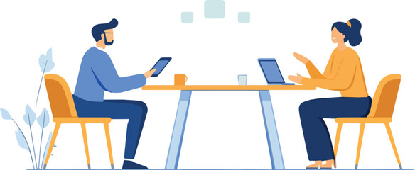 Business meeting and teamwork in office workplace colleagues man and woman discussing project strategy using laptop and tablet communication and cooperation concept two businesspeople talking and