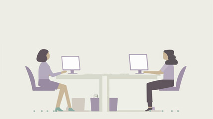 Two women working on computers in office workspace business colleagues employees teamwork collaboration modern workplace professional environment technology desktop computer blank screen mockup copy