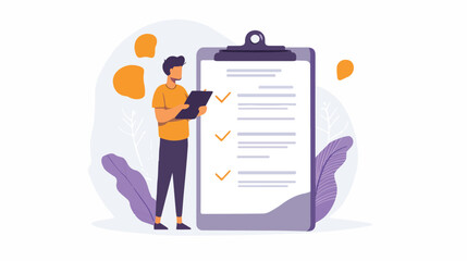 Checklist complete business task management concept businessman checking giant clipboard with completed checklist survey form online exam questionnaire document checkmark business organization plan