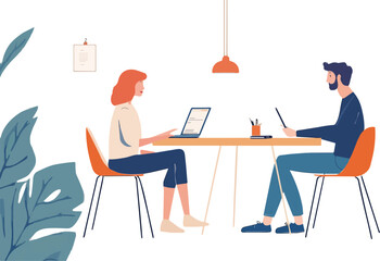Business meeting teamwork office colleagues discussing project sitting at table with laptop and documents man and woman working together cooperation brainstorming communication concept flat vector