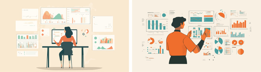 Business Analytics Data Analysis Dashboard with Charts and Graphs Financial Statistics Presentation Woman and Man Analyzing Data on Computer and Interactive Whiteboard Big Data Visualization and
