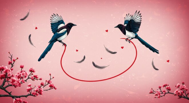 Pixel Art Magpies with Blossoms Branch Decorative Birds Illustration