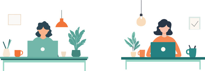 Fototapeta premium Woman working from home freelance workplace home office business female character working on laptop computer with houseplants modern workspace interior design comfortable cozy workplace concept