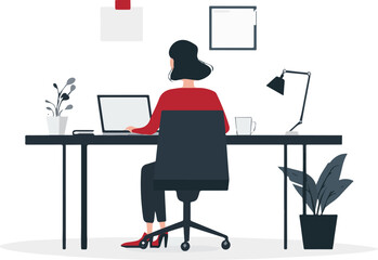 Woman working at her desk office worker sitting on chair using laptop computer business woman working from home freelance job online education student studying via internet learning course distant