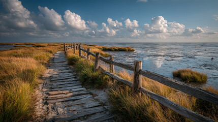 A breathtaking view of the North German Wadden Sea, showcasing its expansive tidal flats, delicate ecosystems, and serene coastal environment.  Generative AI