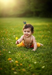 Photo Smiling Krishna Baby Ornamented with Peacock Feather and Jewelry