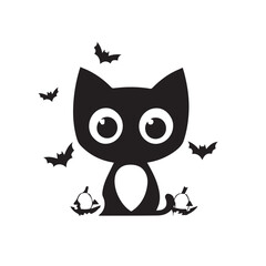 Black cat silhouette with bats and pumpkins Halloween illustration spooky creepy scary design element festive holiday celebration October autumn fall cute cartoon character simple minimalist graphic