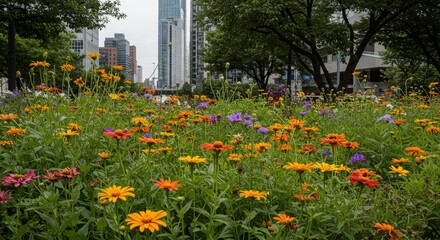 Obraz premium Photo Vibrant Flower Field Urban Park Blooms In Summer Season