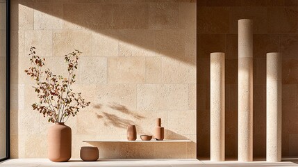 Beige Ceramic Vases and Stone Columns in Minimalist Interior