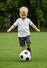Photo Young Boy Plays Soccer On Grass Field Having Fun
