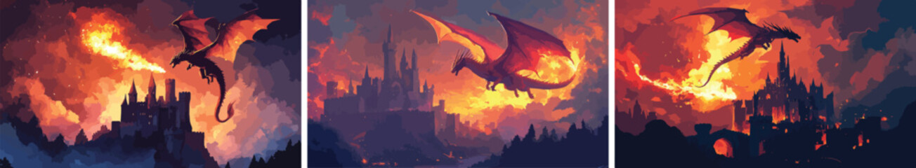Fire breathing dragon destroying fantasy castle kingdom in fiery battlefield mythical creature attack dark fantasy art digital illustration © Hoody Baba