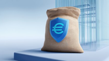 A burlap sack featuring a shield design symbolizing protection and monetary value is placed against a sleek, contemporary backdrop. The setting suggests a focus on financial security