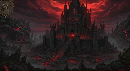 Obraz premium Pixel Art Dark Fortress Amidst Lava Stone Mountain Landscape