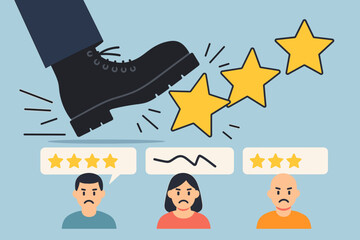 Kicking negative reviews metaphor. Boot stomping bad star ratings from unhappy customers. Managing online criticism, customer dissatisfaction, and poor feedback for reputation improvement.