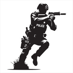 Police Officer in Action Silhouette - Defending Law and Order, black colour vactor 