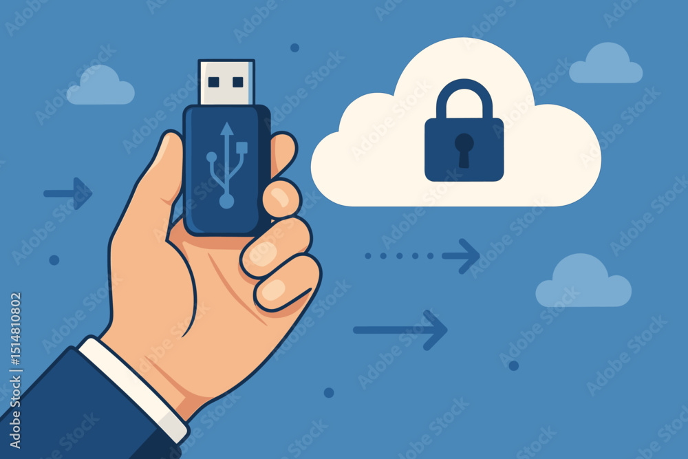 Poster secure data transfer. usb to cloud backup. hand holding flash drive. data protection concept. cybers