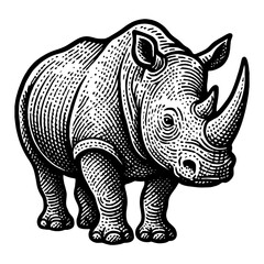Fototapeta premium Detailed Black And White Rhinoceros Illustration With Textured Lines On White Background