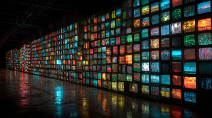 A dynamic wall covered in colorful screens and monitors, each displaying unique content and visuals. Generative AI