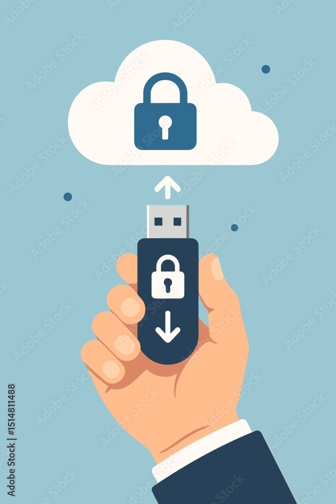 Fototapete secure data transfer to cloud storage. hand holding usb flash drive with padlock for encrypted file 