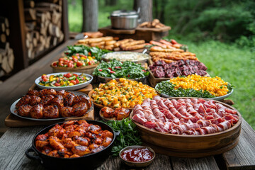 Obraz premium Variety of meats, vegetables, and more spread across a table.