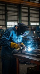 Professional Welder Welding Metal with Sparks in Industrial Factory