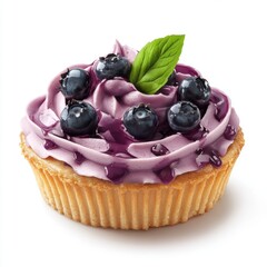 Delicious blueberry tart with creamy purple frosting fresh blueberries and a vibrant green mint leaf on a flaky pastry crust close-up