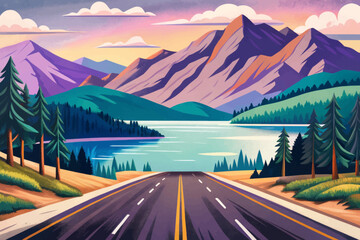 Asphalt road and lake water vector with green mountain natural landscape under blue sky. Outdoor natural background illustration