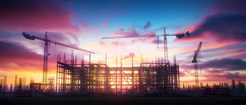 Silhouette Of Building Under Construction At Sunset