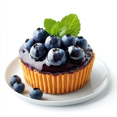 Delicious blueberry tart with fresh mint leaves on a white plate, showcasing a sweet dessert with ripe blueberries and vibrant green mint garnish