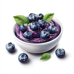 Close-up of fresh blueberries and mint leaves on a bowl of blueberry yogurt on white background, healthy snack, organic berries, breakfast food, dessert