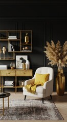 Realistic Home Interior Design with Armchair Pillow and Gold Vases