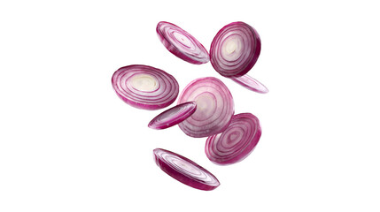 Red onion slices falling dark background food photography