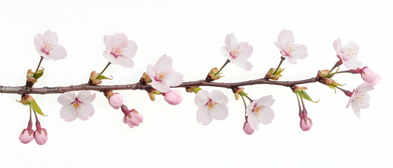 Beautiful Pink Cherry Blossoms Branch Against White Background