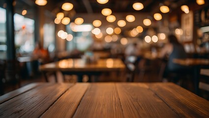 Rustic wooden table in blurred cozy cafe setting