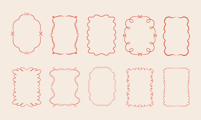 Set of doodle hand drawn trendy coquette frames with bows, ribbons. Minimalist vintage whimsical borders. Modern vector design template for wedding invitation, birthday card, print, holiday poster.