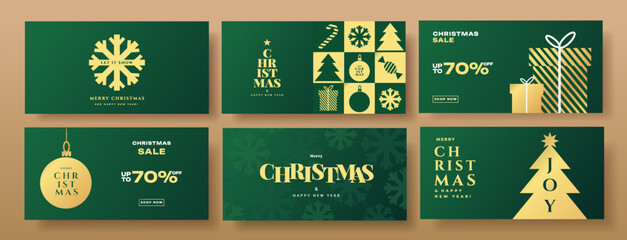 Merry Christmas and Happy New Year horizontal banner, cover, poster, greeting card set in modern simple geometric style in gold and dark blue colors for season greetings, ads, sales, print