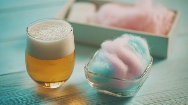Flat lay of beer and cotton candy dessert in glass dish, pastel dreamlike theme