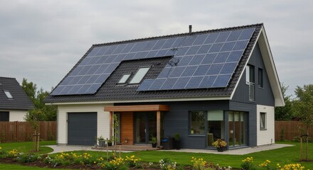 Realistic Image Modern House with Solar Panels for Renewable Energy