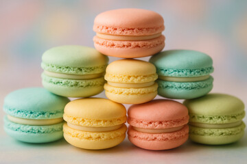 Obraz premium Colorful Macarons Stack in Sweet Dessert Display
