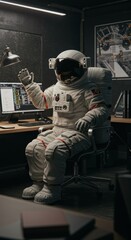 Pixelated 8bit Astronaut Working at Computer in Office Interior Retro Style